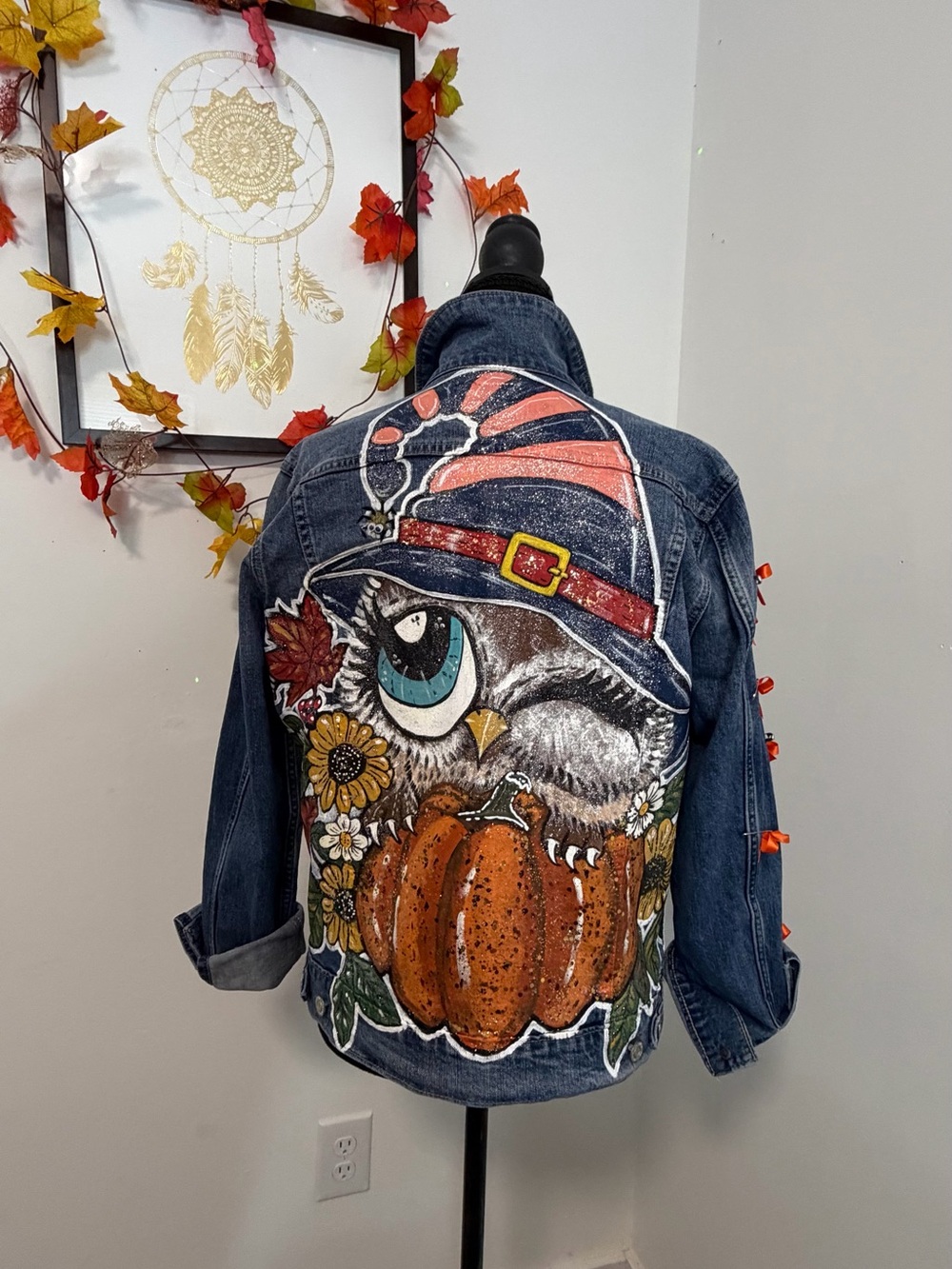 Size L Hand Painted Halloween Owl Denim Jacket • One of a Kind Wearable Art